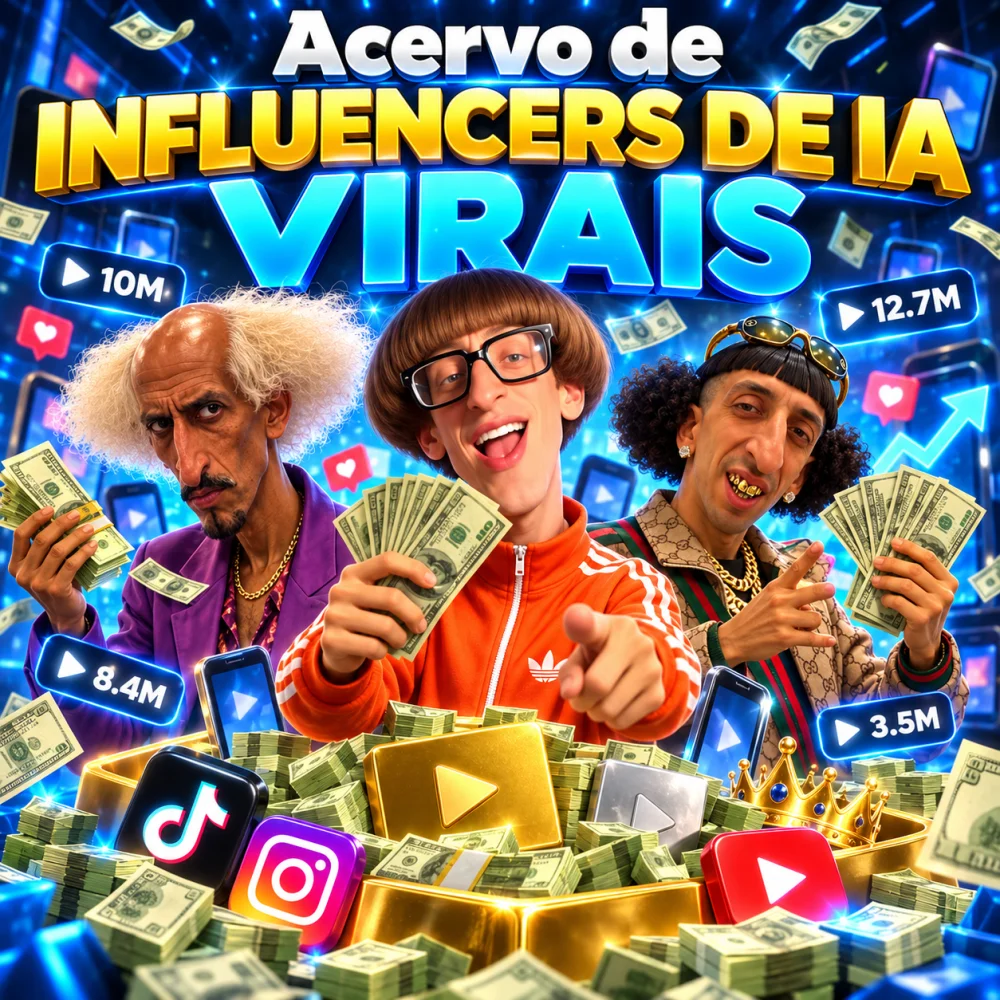 Capa do pack Acervo de Influencers de IA Virais, com influenciadores de IA segurando maços de dinheiro e ícones de redes sociais